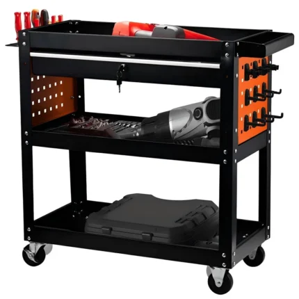 3-Tier Utility Cart with Drawer and Black Pegboard