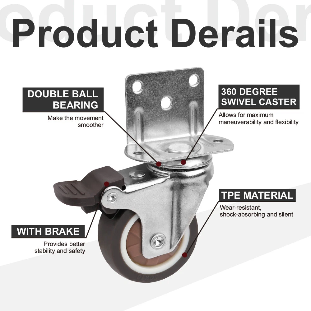 4PCS Stainless Steel L-Type Swivel Caster Set (1"/1.25"/1.5"/2") with Brake & Non-Brake Options - Image 2