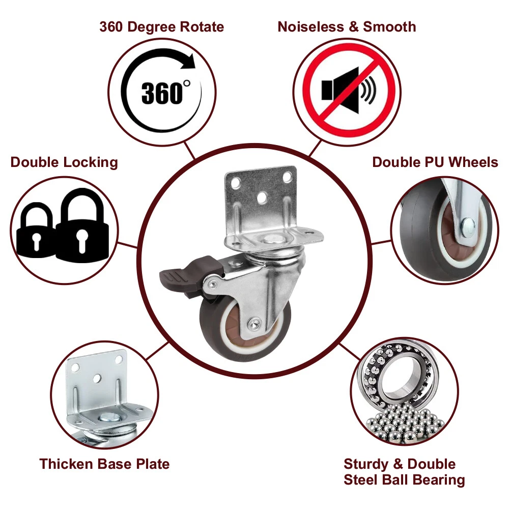 4PCS Stainless Steel L-Type Swivel Caster Set (1"/1.25"/1.5"/2") with Brake & Non-Brake Options - Image 5