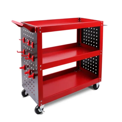 3-Tier Tool Cart with Full Side Panels, Upright Columns, Black Pegboard (Red)