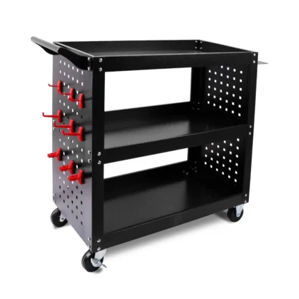 3-Tier Tool Cart with Full Side Panels, Upright Columns, Black Pegboard (Black)