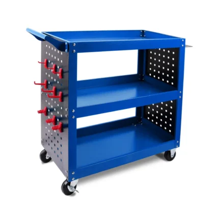 3-Tier Tool Cart with Full Side Panels and Upright Posts, Blue, with Black Pegboard Hooks