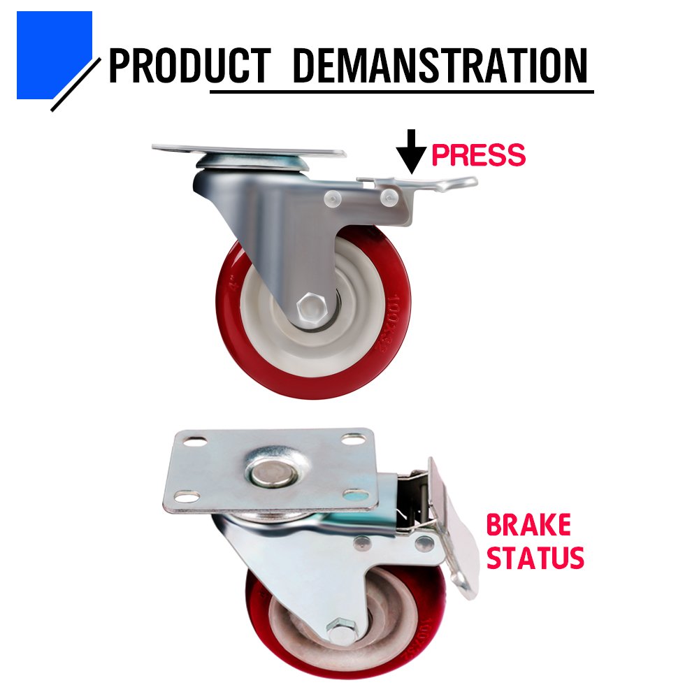 4" Red PU Dual Bearing Swivel Caster Wheel with Brake - Image 2