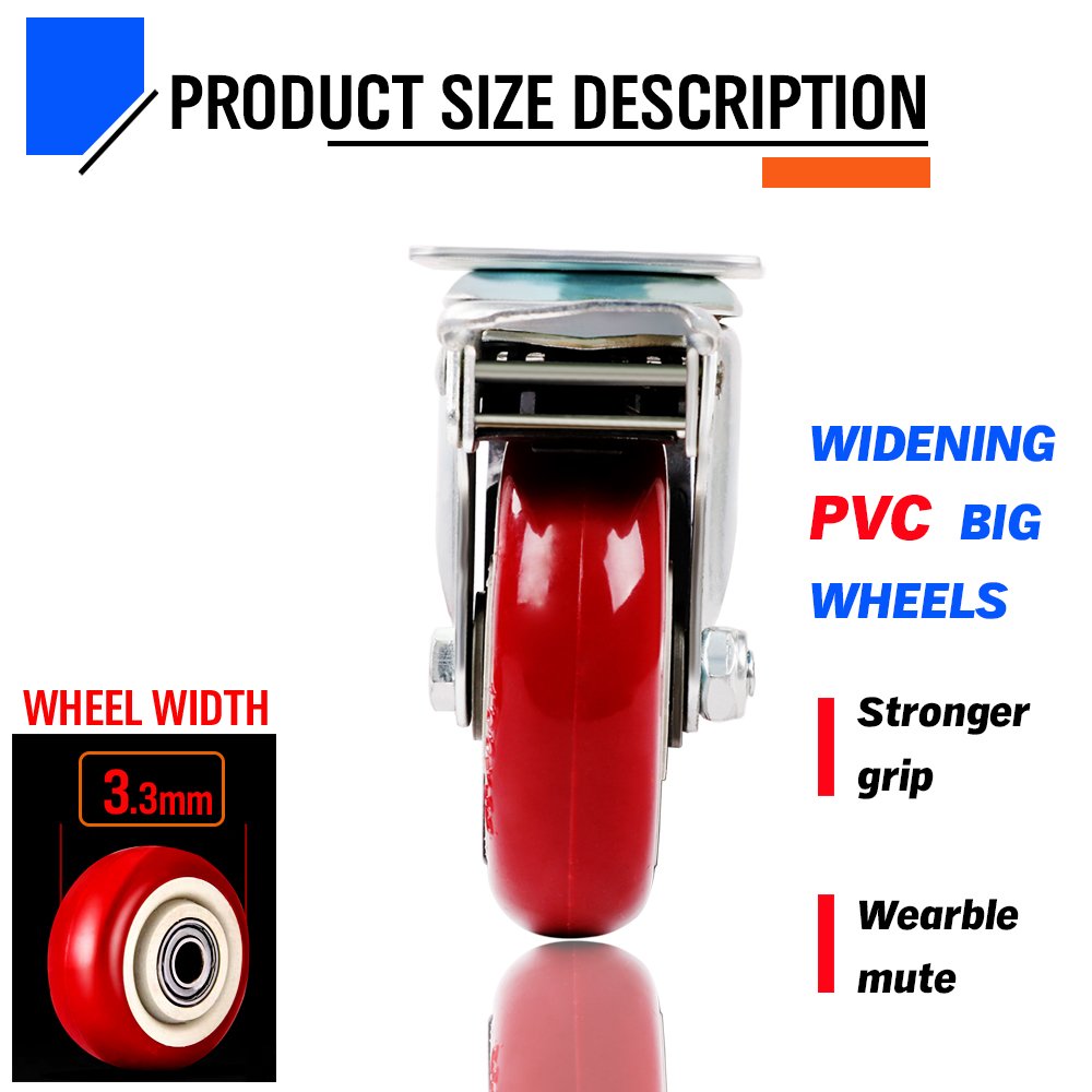 4" Red PU Dual Bearing Swivel Caster Wheel with Brake - Image 4