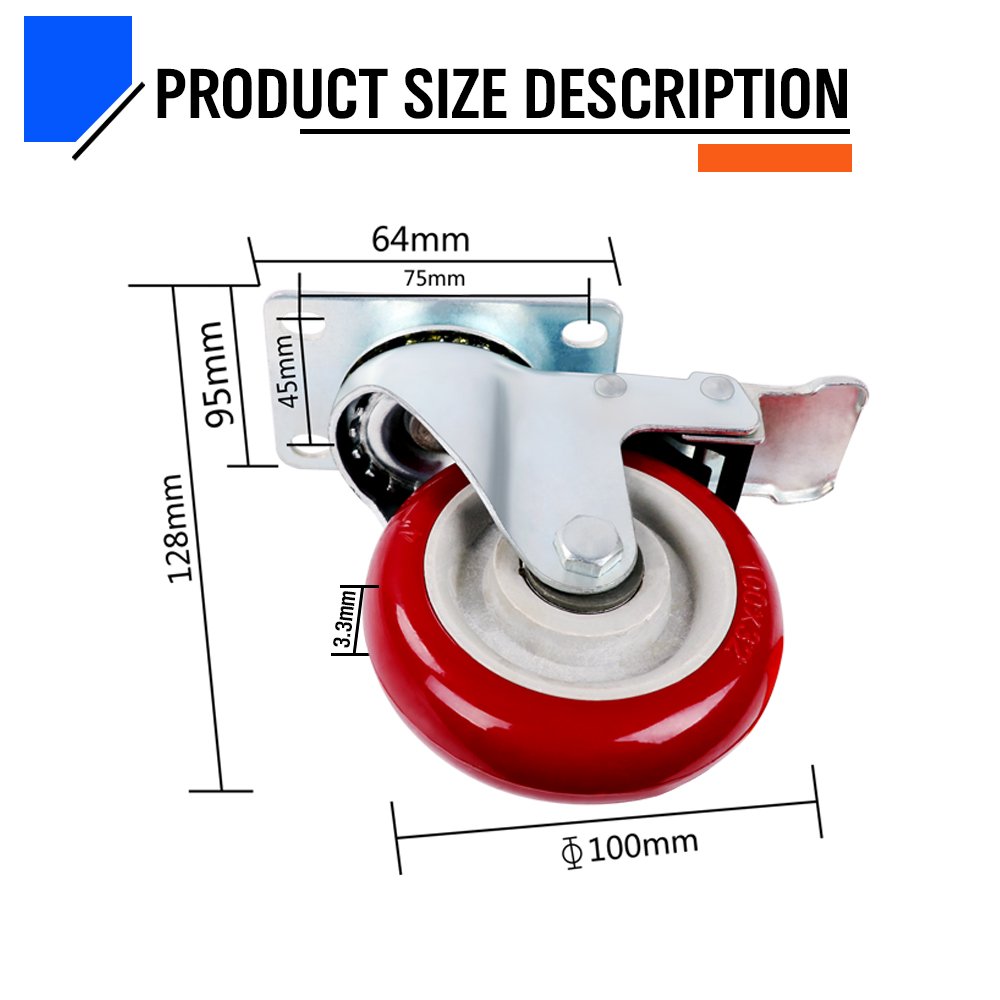 4" Red PU Dual Bearing Swivel Caster Wheel with Brake - Image 3